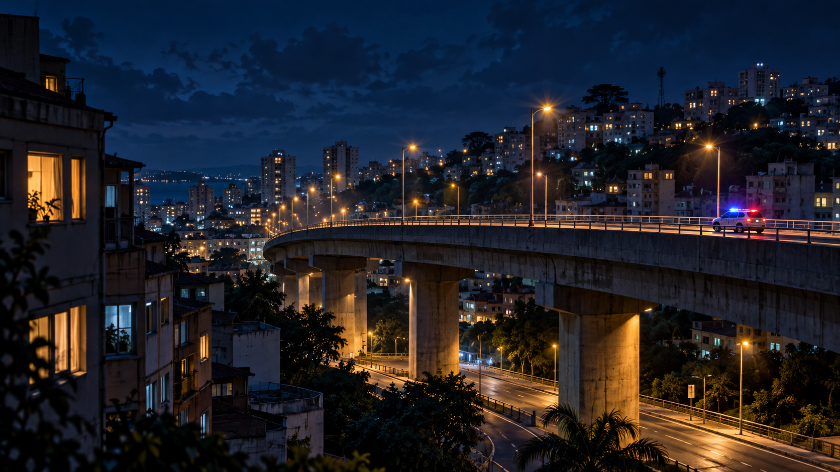 Ilustração de viaduto urbano durante a noite com viatura em patrulhamento preventivo