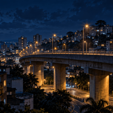 Ilustração de viaduto urbano durante a noite com viatura em patrulhamento preventivo