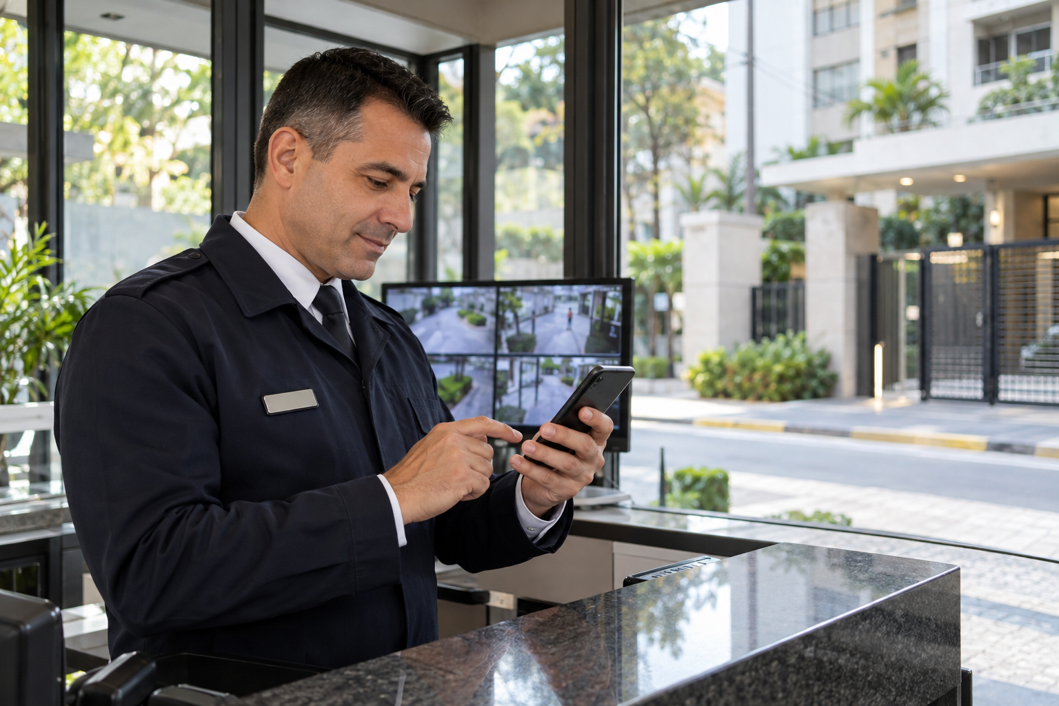 Agente de portaria usando smartphone institucional para comunicação preventiva
